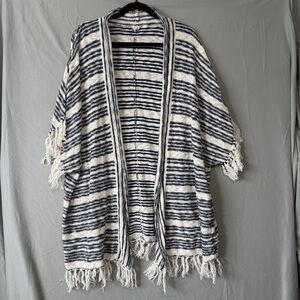 Gap Womens Open-Front Fringe Striped Poncho Cardigan Size M Navy White Coastal